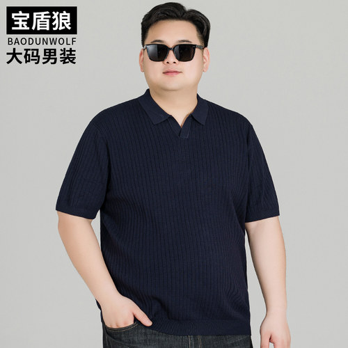 胖子翻领短袖针织衫竖条纹春秋款