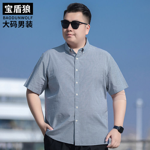 千鸟格短袖衬衫男加大码亚麻上衣
