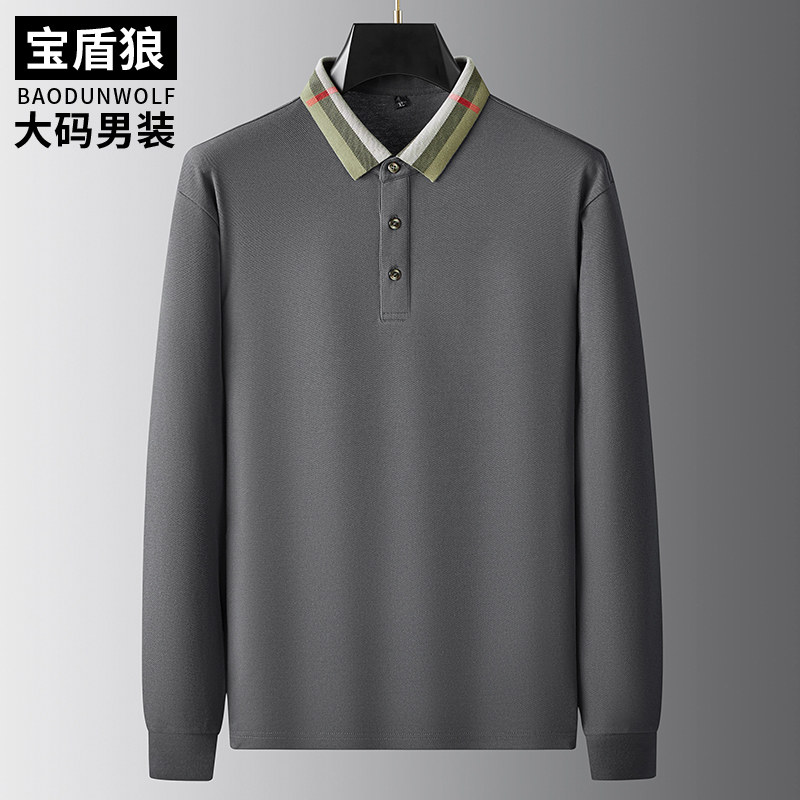 秋款翻领长袖T恤男士加肥加大码青年休闲棉质polo衫肥佬宽松体恤