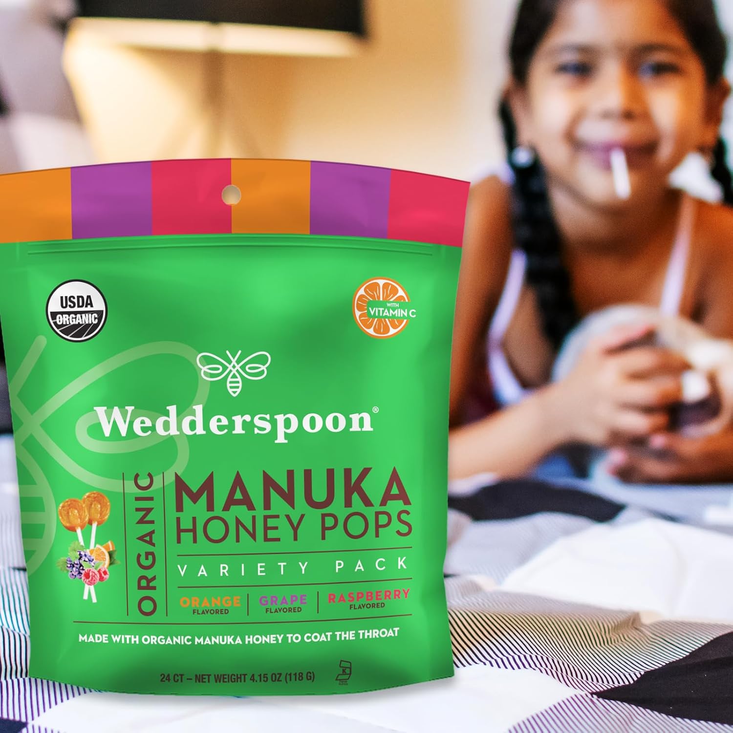 Wedderspoon - 美国有机麦卢卡蜂蜜润喉维生素棒棒糖不含人工色素