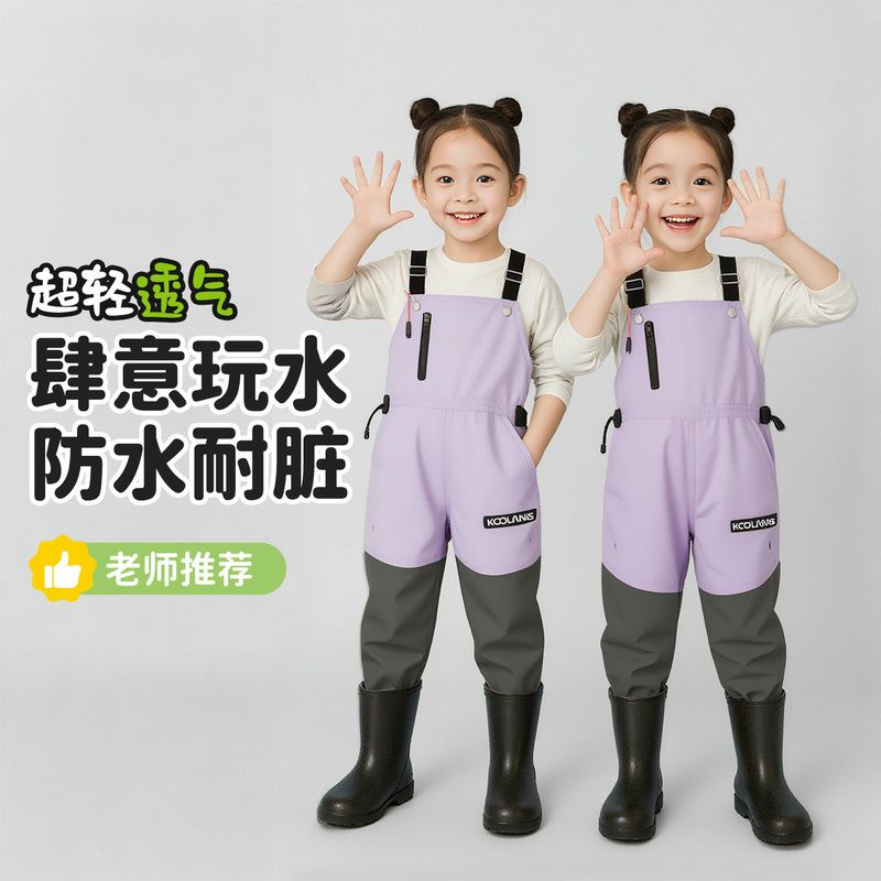 儿童赶海连身玩水衣服全身防水雨裤雨靴一体下水裤涉水幼儿园装备
