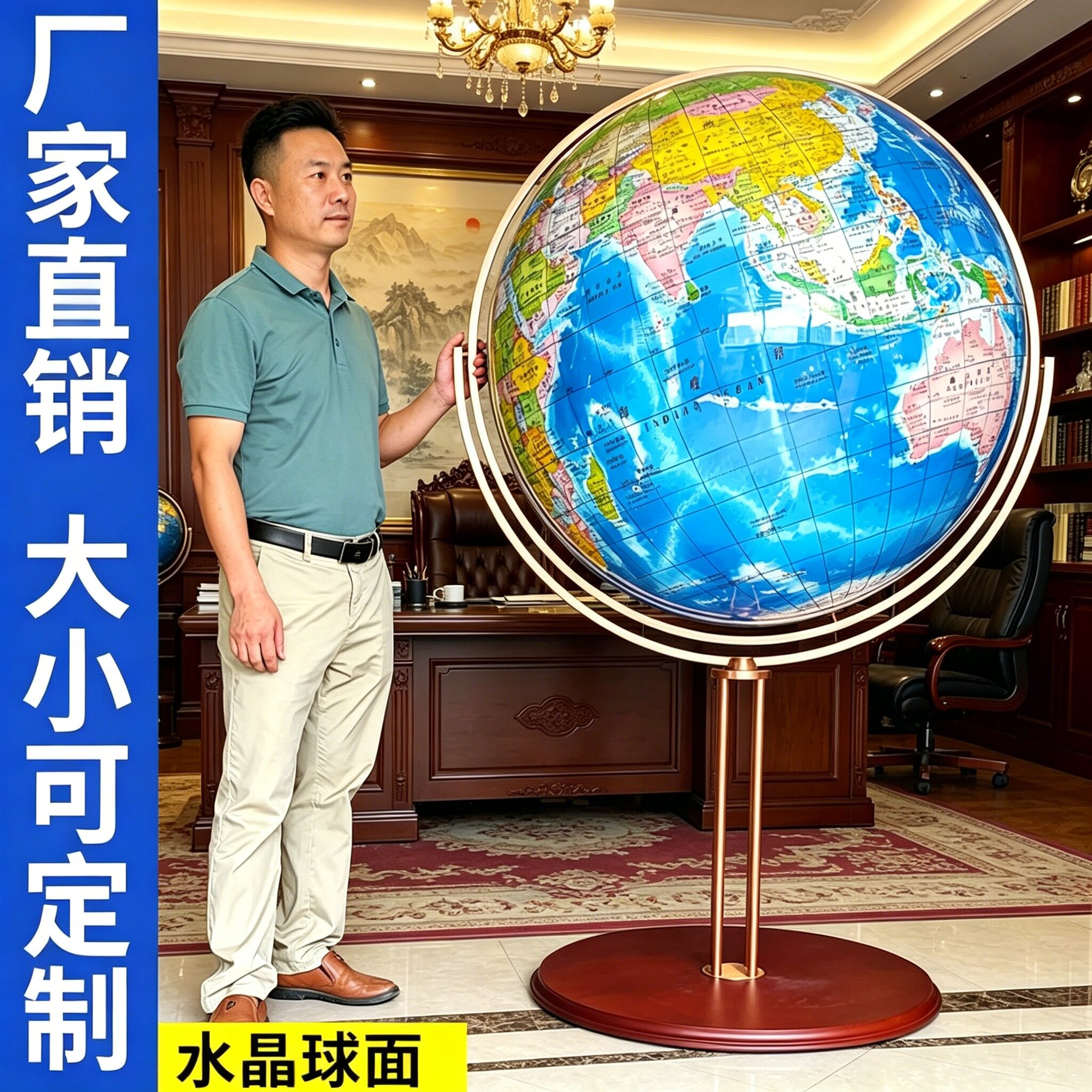 水晶金属大型50cm高端大号特大号地球仪高清万向复古政区仿古办公室客厅书房家具摆设装饰轻奢地球仪摆件