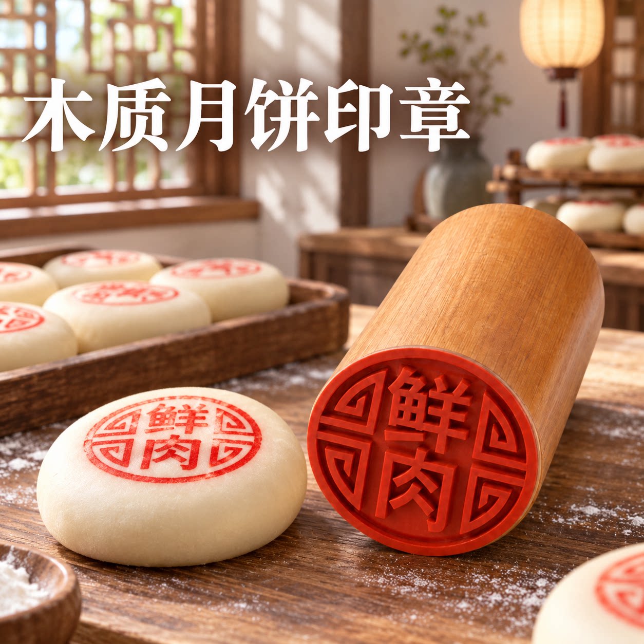 鲜肉月饼印章馒头木质盖章苏式蛋黄酥糕点鲜花饼皮小福字烘焙模具
