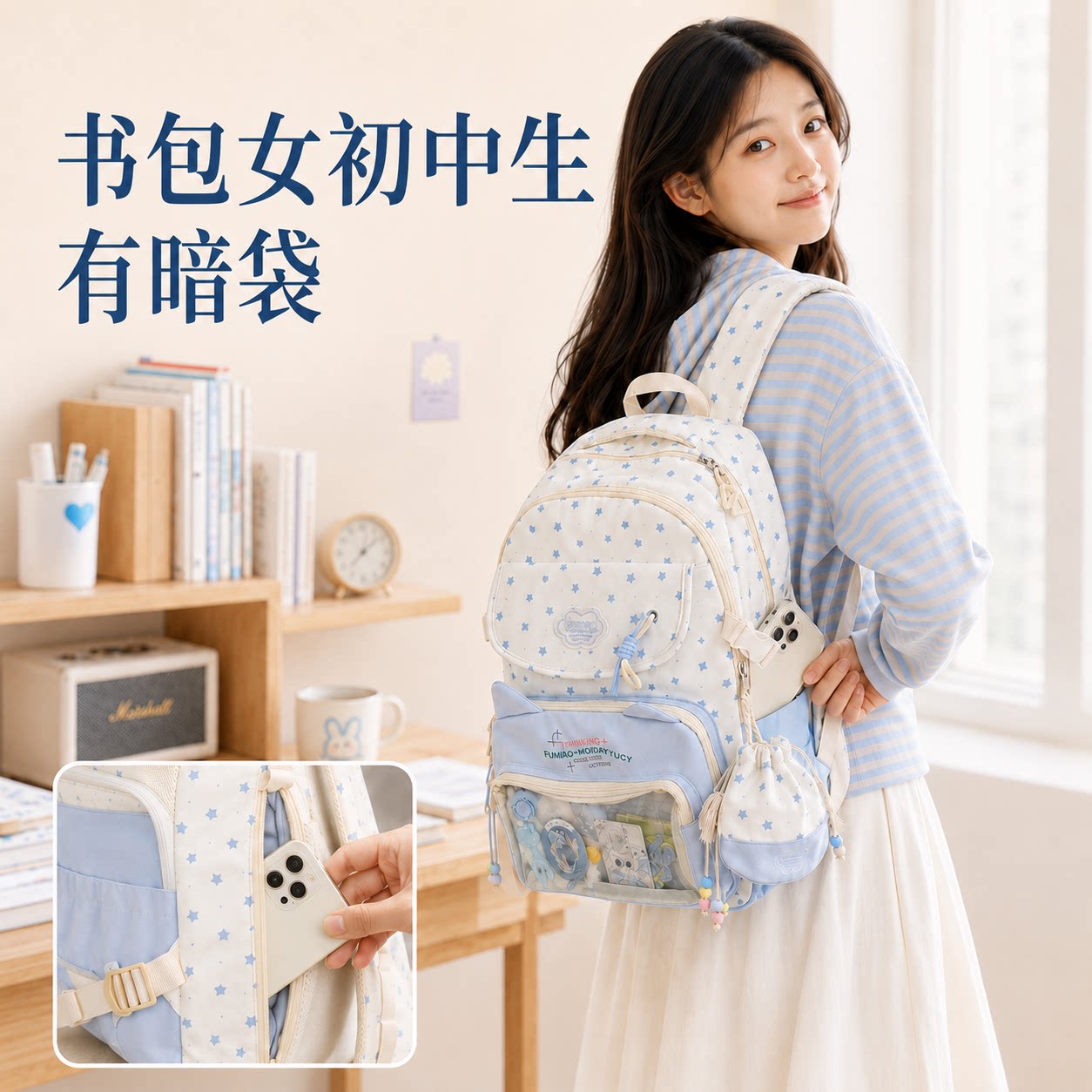 书包初中生女生双肩包有暗袋痛包学院风可爱星猫咪大容量学生小清新少女娃包多层女生帆布卡通校园蓝白色背包