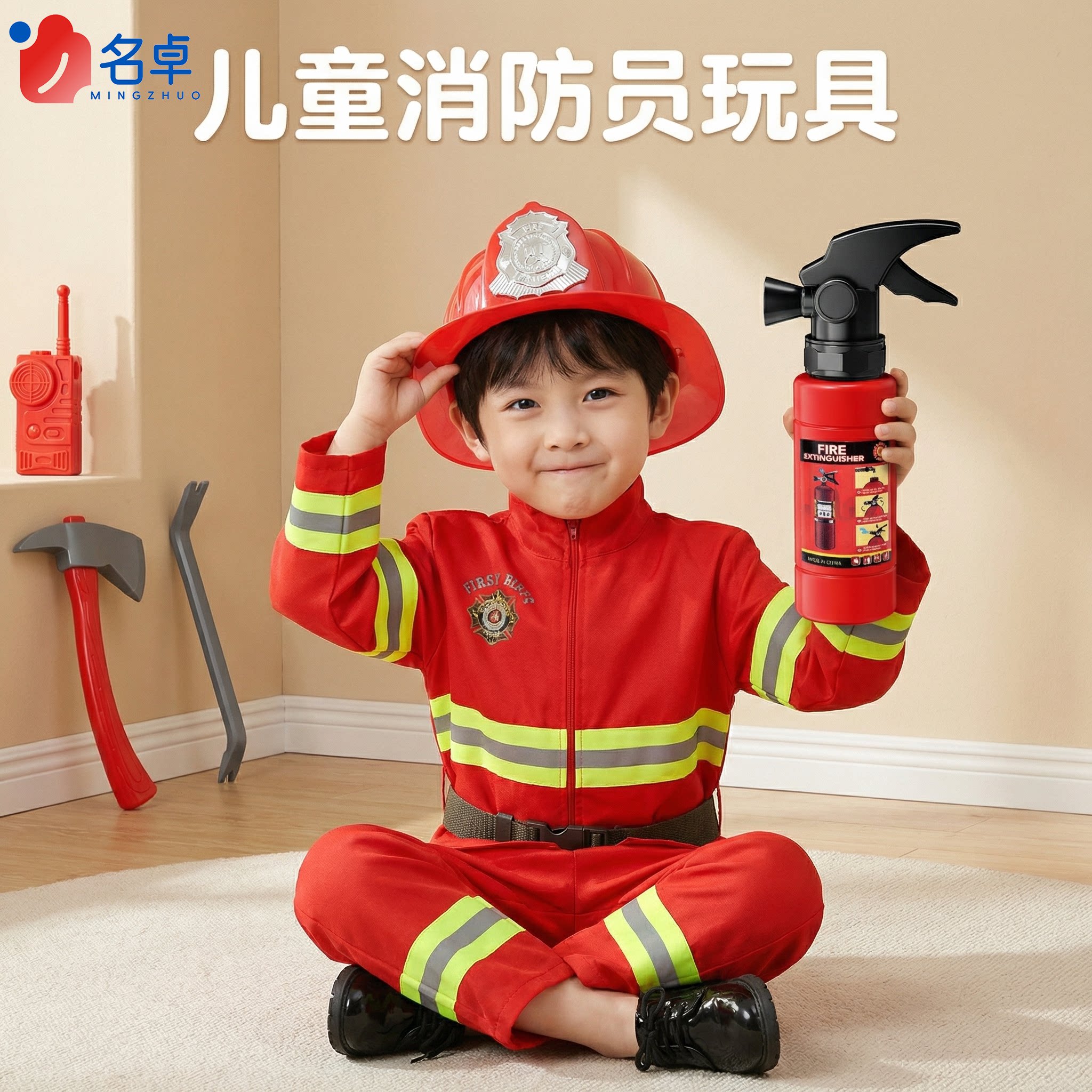 儿童消防员玩具套装仿真灭火器水枪帽子过家家角色扮演服装男女孩
