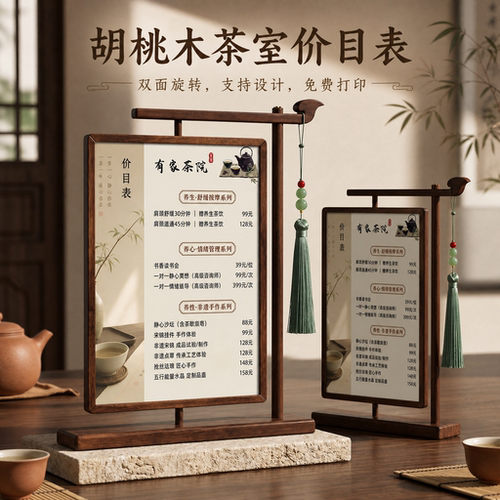 中式茶室茶水单价格展示牌胡桃木