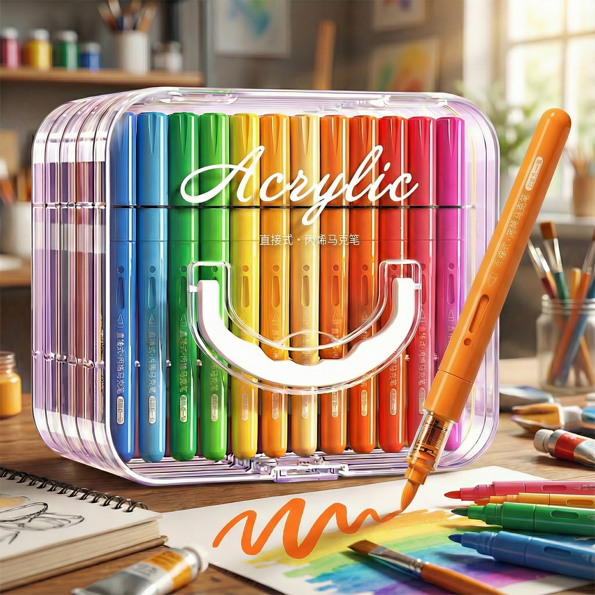 直液式丙烯马克笔软头小学生美术专用水彩笔儿童颜色笔可水洗24色画笔不透色48绘画可叠色彩色笔36水性