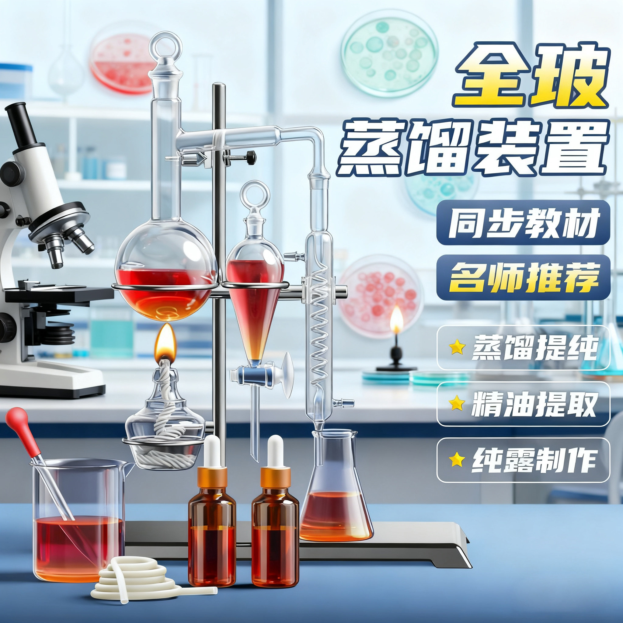 蒸馏装置全玻璃花瓣花露水提纯精油提炼器蒸馏萃取装置化学器材实验室