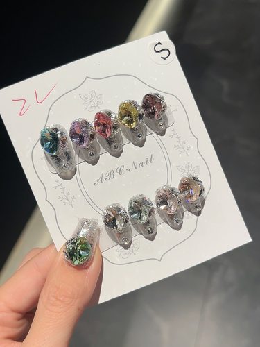 【115】精品k9钻球纯手工穿戴甲爆闪满钻短梯美甲贴片成品