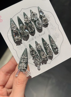 【111】爆闪猫眼绿色满钻长尖高级奢华美甲纯手工穿戴甲