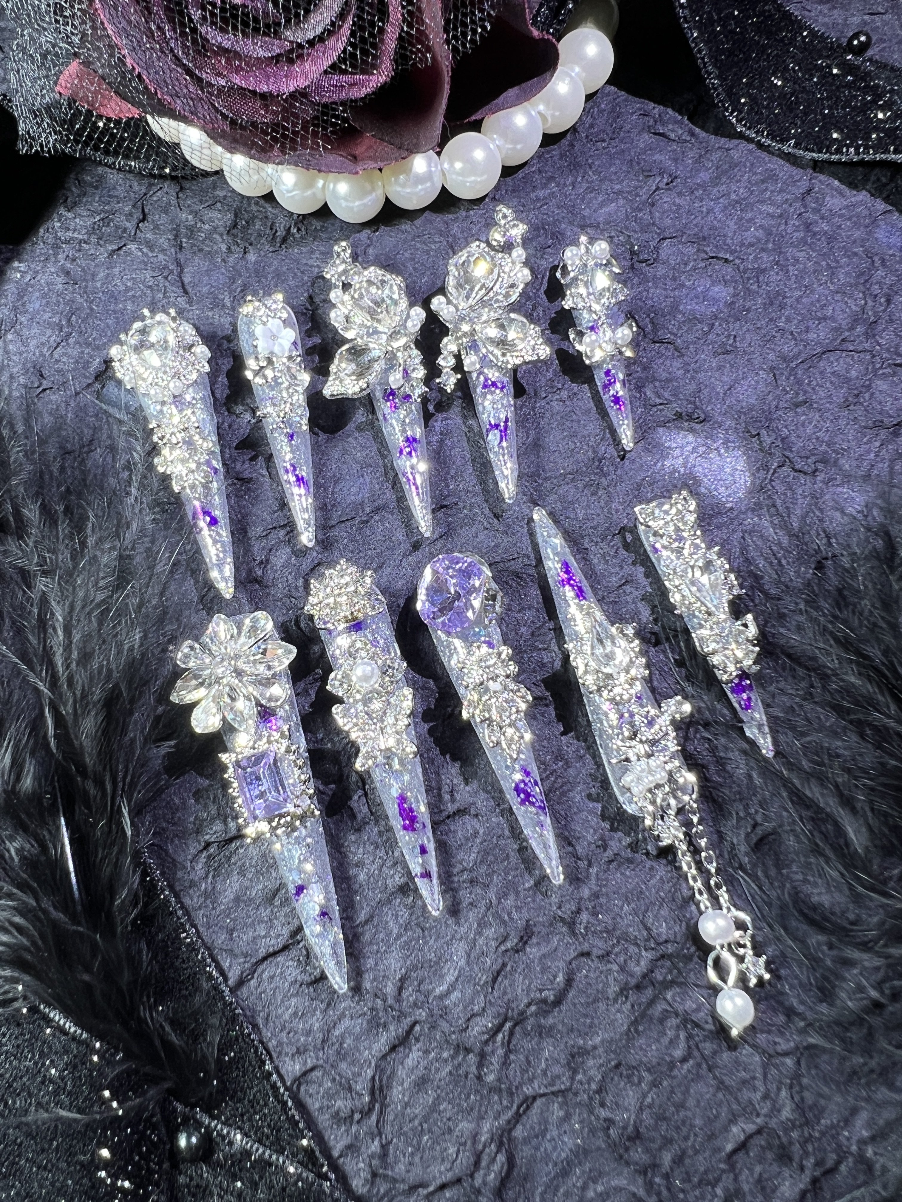 【117哥特星幻紫】超长尖54mm紫爆闪纯手工穿戴甲满钻蝴蝶结流苏,彩妆/香水/美妆工具,穿戴甲/甲片,淘宝优惠券,粉丝福利购,淘宝优惠卷