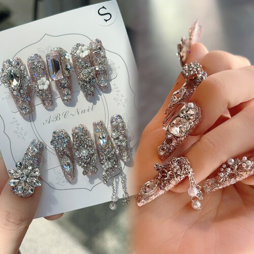 【A39】爆闪长梯3.0满钻高级美甲成品纯手工可拆卸穿戴甲