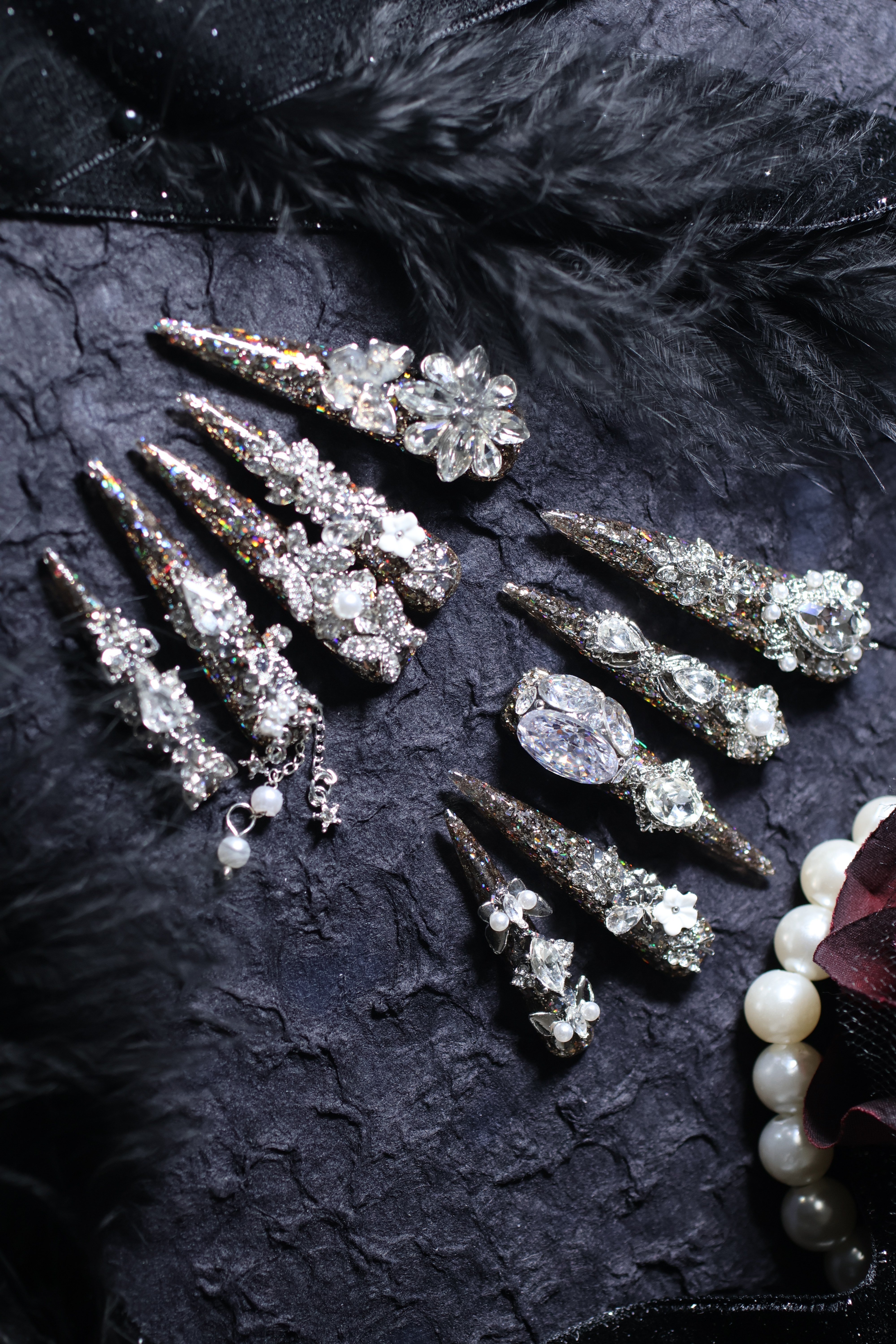 【116哥特星芒】超长尖54mm枪黑爆闪纯手工穿戴甲满钻蝴蝶结流苏,彩妆/香水/美妆工具,穿戴甲/甲片,淘宝优惠券,粉丝福利购,淘宝优惠卷