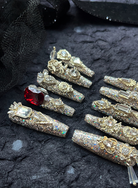 【208】爆闪细狗梯38mm高级金色红钻穿戴甲满钻气质显白美甲