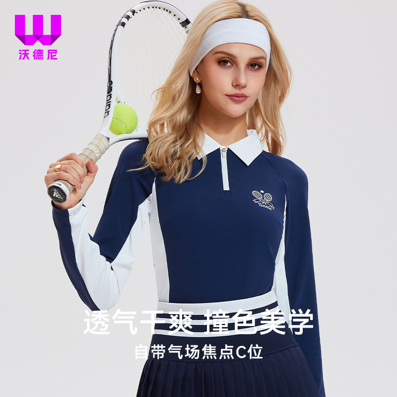 拼色高尔夫网球服翻领长袖运动跑步健身跳操上衣复古速干poloT恤