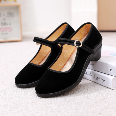 新款老北京布鞋女鞋中跟跳舞妈妈鞋单鞋上班黑布鞋礼仪工作鞋防滑