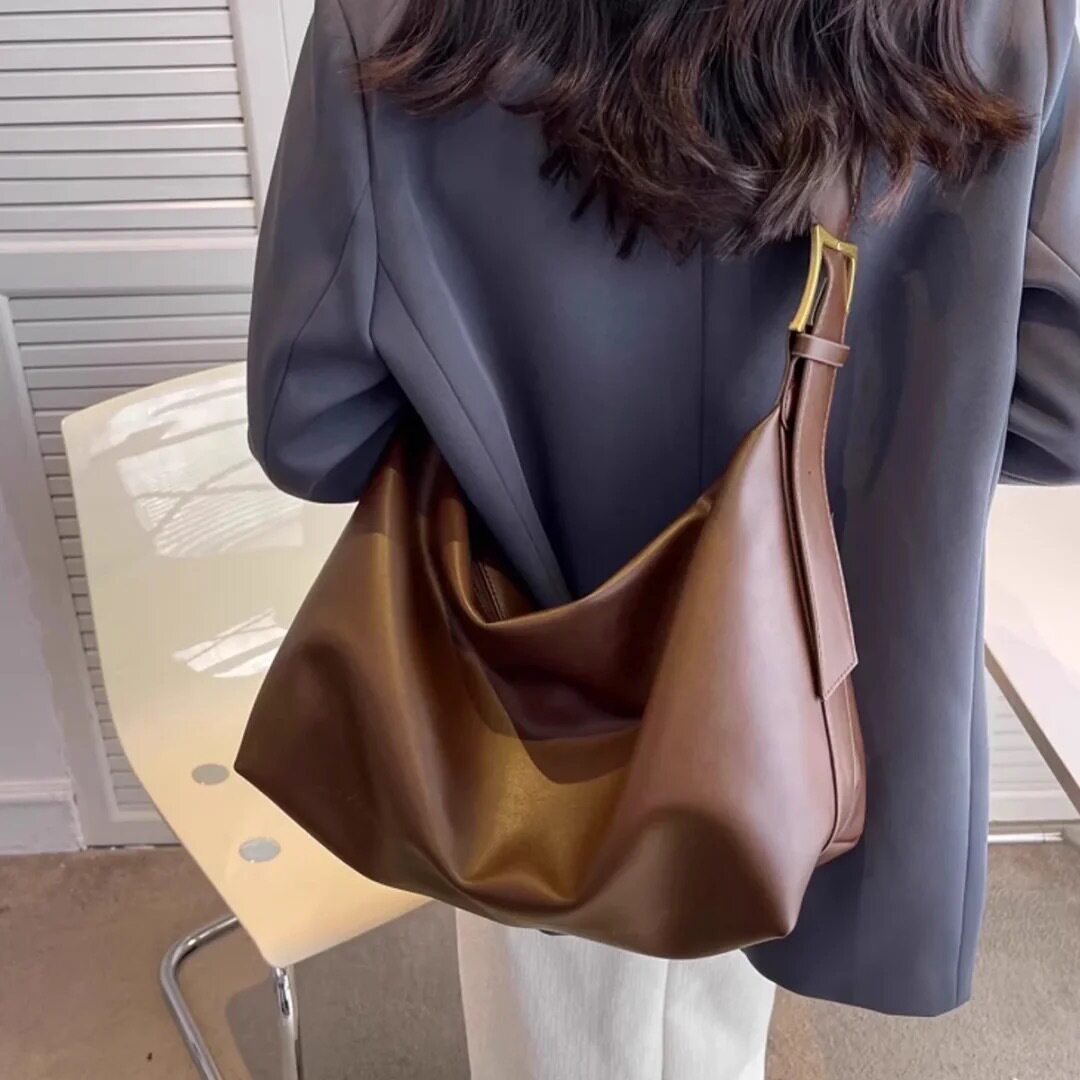 欧美简约软塌单肩大容量托特包女2025新款软皮单肩斜挎包PU大包包