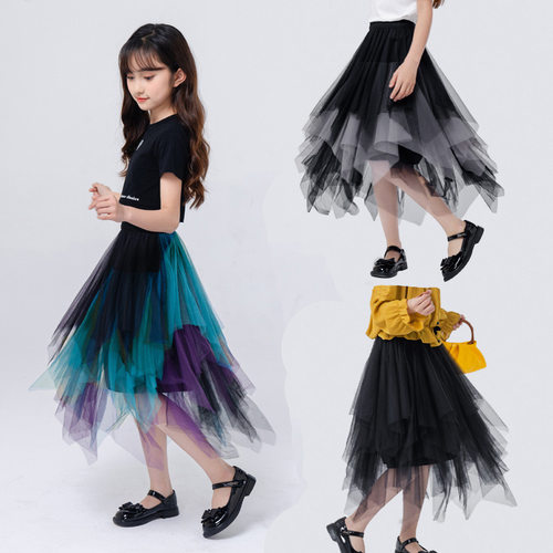 夏季新款网纱拼色儿童半身裙柔软不规则女童中长款下装半裙