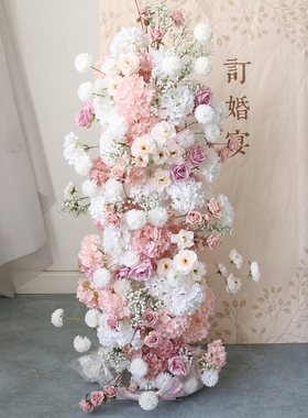 粉白色大门口装饰结婚拱门花背景花架立柱摆件花艺仿真绣球花卉