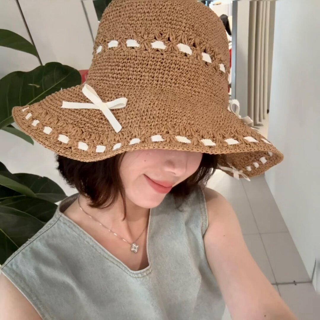 ca4la日系甜美蝴蝶结草帽女夏季大檐遮阳防晒海边度假可折叠帽子
