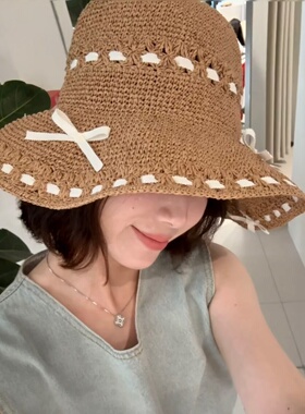 ca4la日系甜美蝴蝶结草帽女夏季大檐遮阳防晒海边度假可折叠帽子