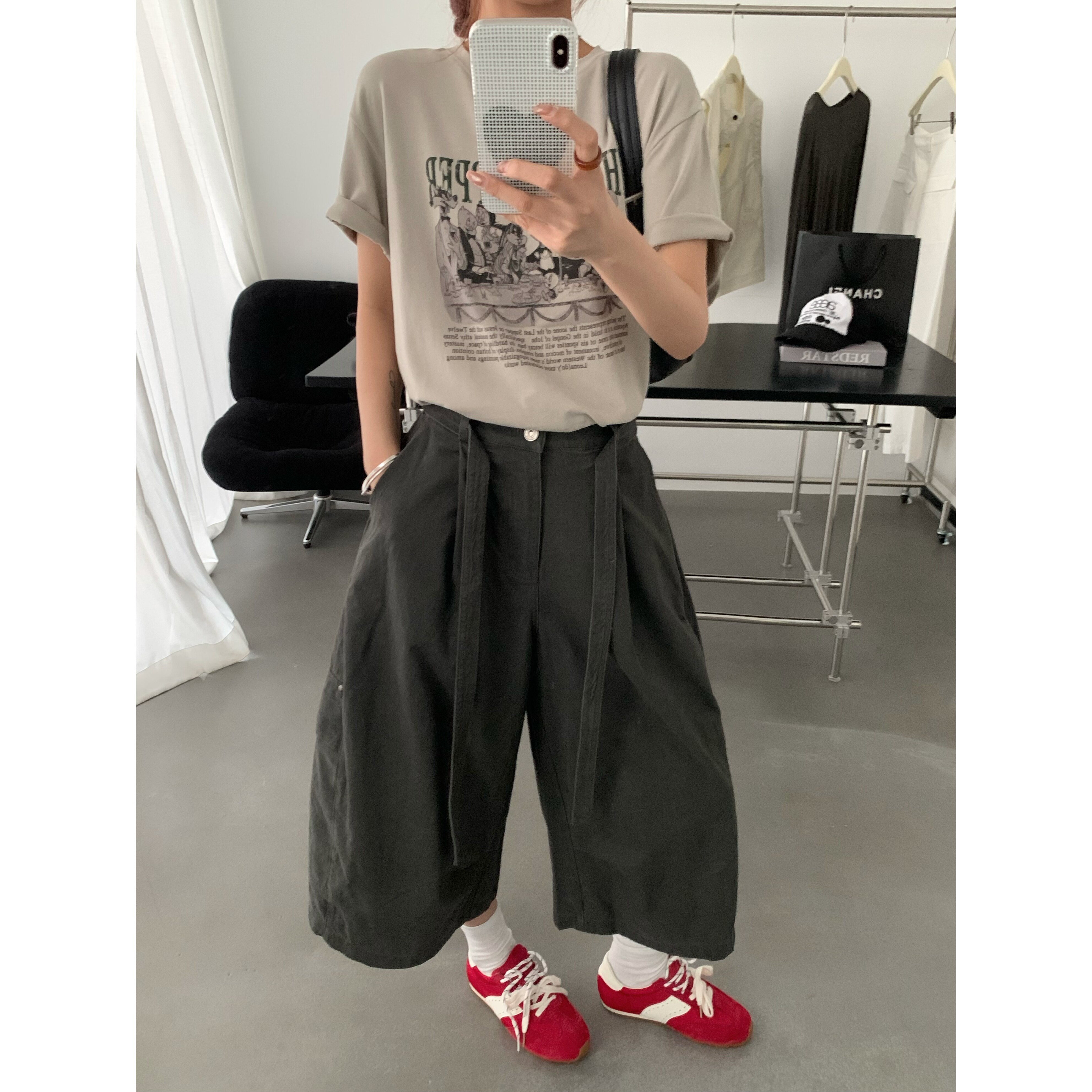 韩版高腰阔腿系带显瘦工装七分裤图片