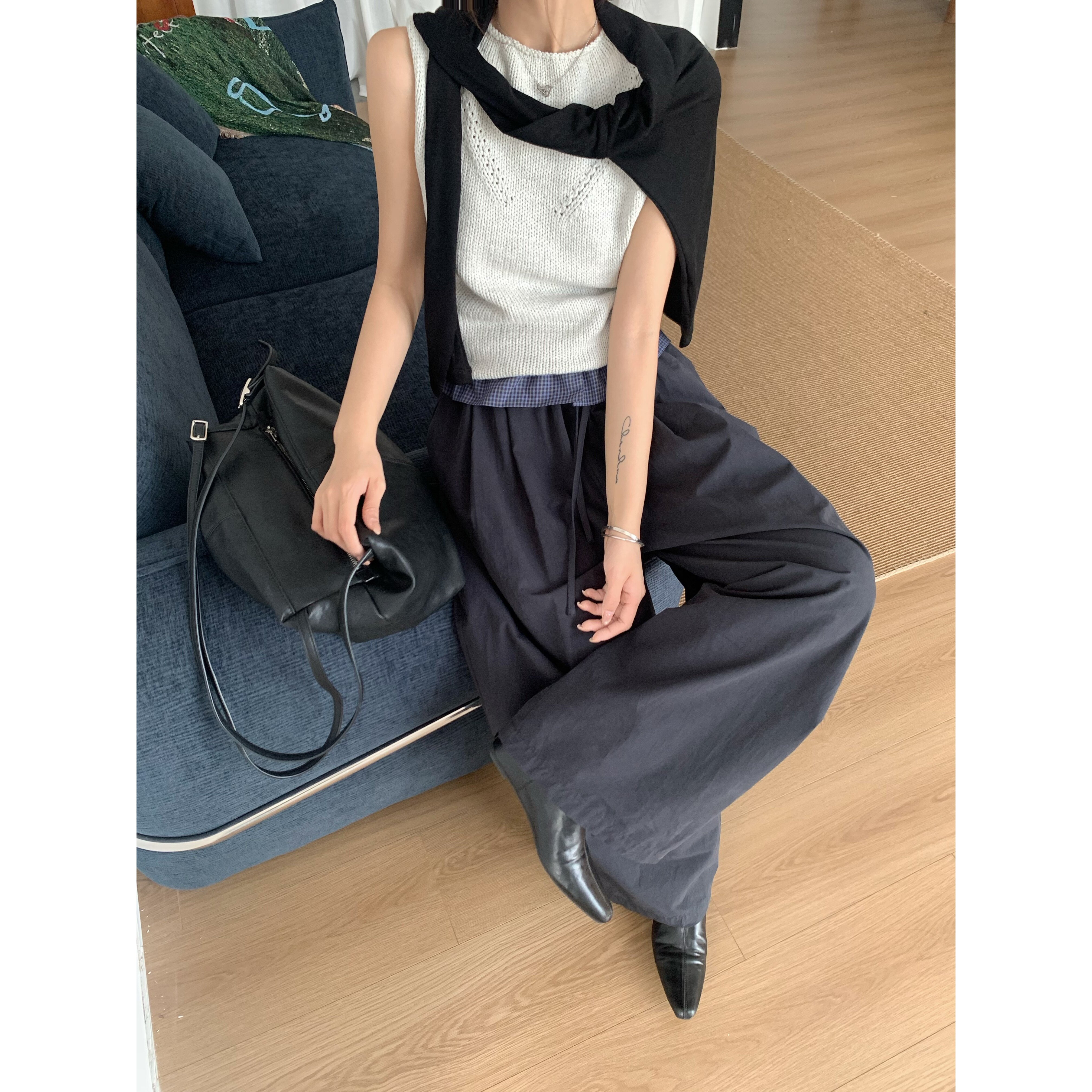 韩系格子高腰阔腿显瘦垂坠长裤图片