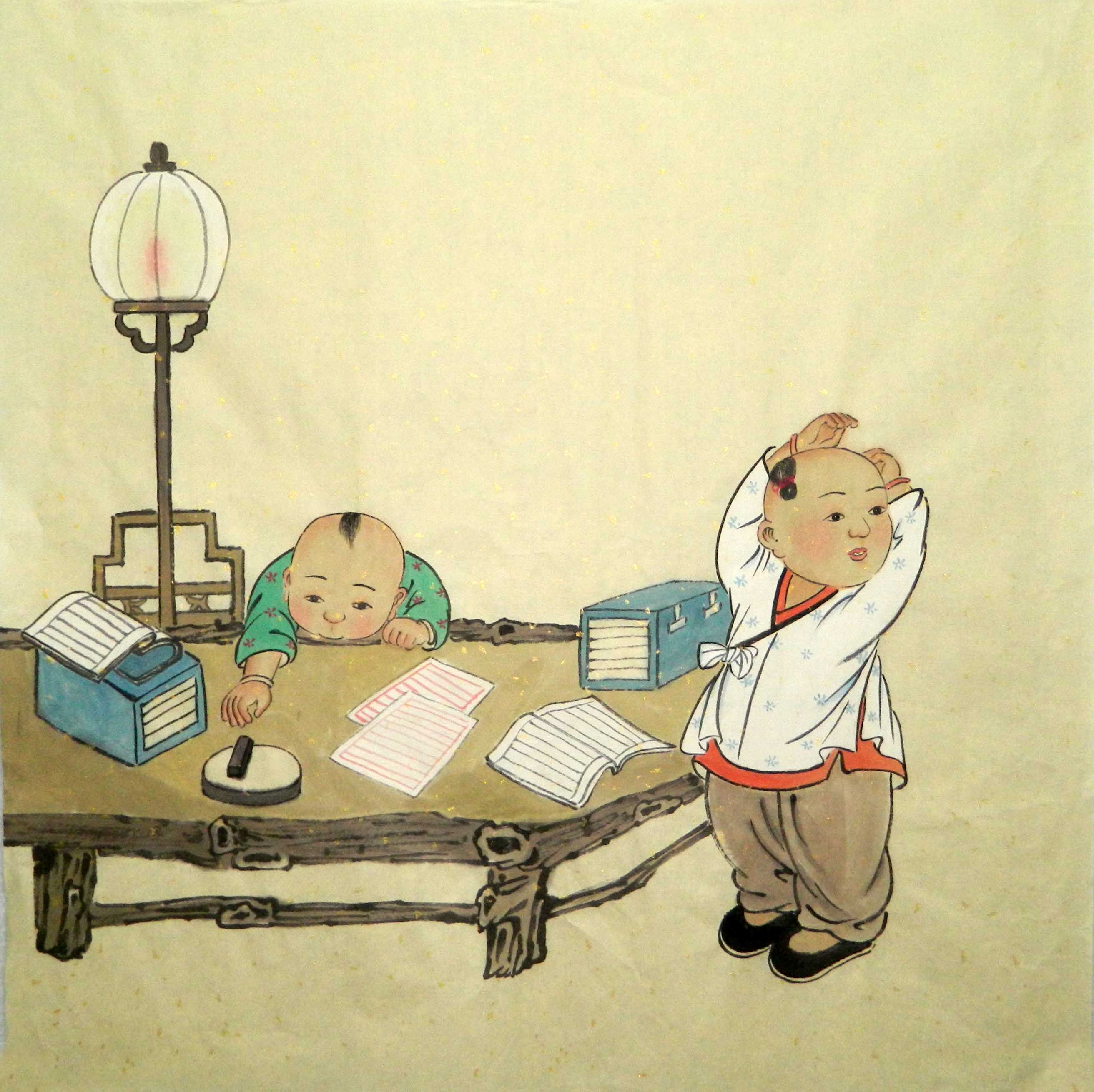 纯手工国画三尺斗方人物小写意童子嬉戏图年画小孩百子图手绘1