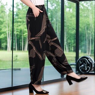 棉绸高腰夏季 子中老年灯笼裤 宽松长裤 薄款 大码 妈妈女裤 花色夏天裤