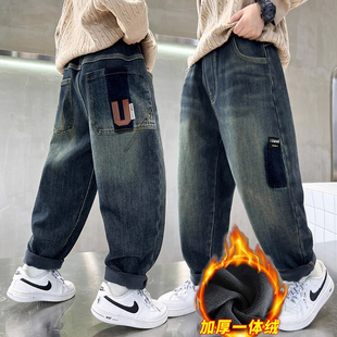 英国DHWA儿童男装男童牛仔裤一体绒加绒保暖裤子学生冬裤厚绒弹力