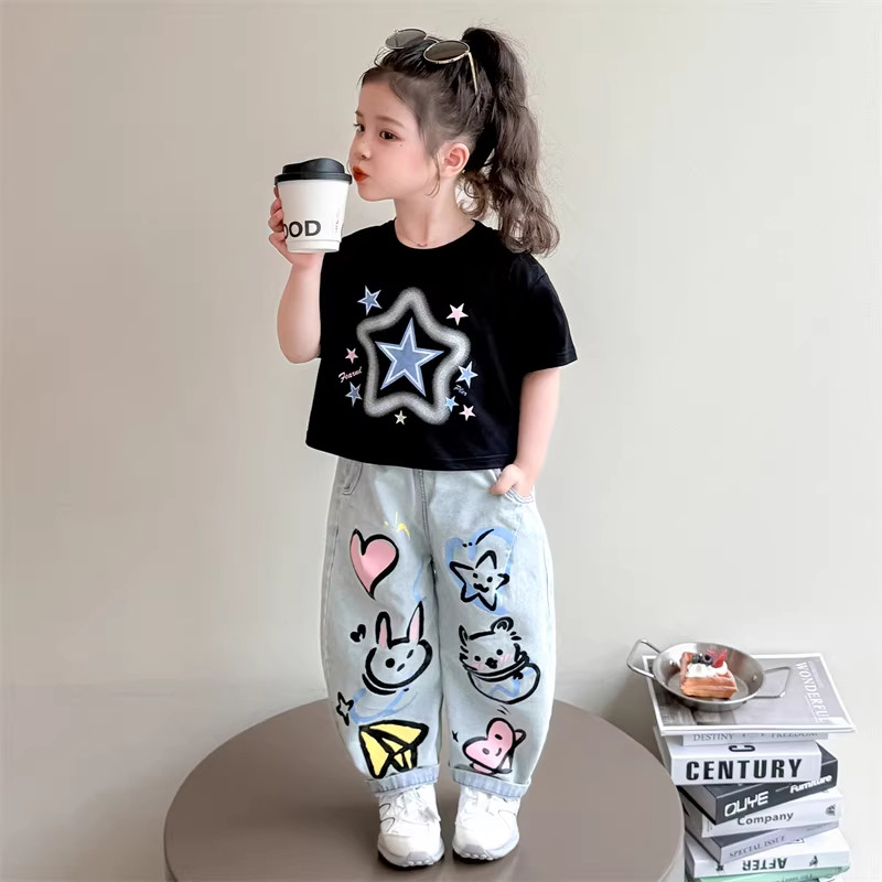 英国DHWA儿童夏季洋气女童韩版休闲短袖宽松牛仔裤套装女宝宝夏装