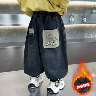 英国DHWA男童加绒牛仔裤秋冬款儿童痞帅一体绒裤子宝宝炸街灯笼裤