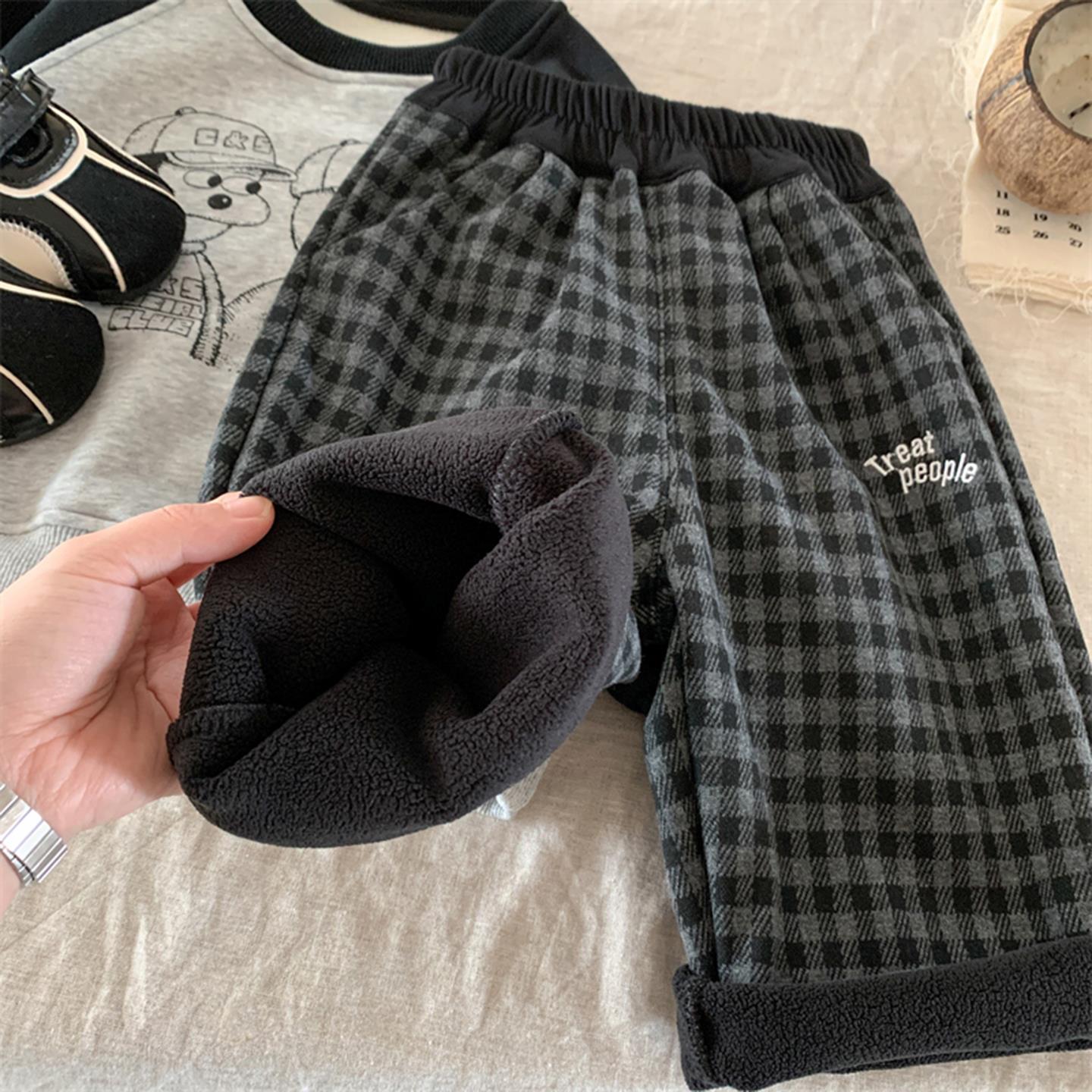 英国DHWA男童加绒裤子秋冬儿童帅气休闲裤时髦宝宝格子裤男孩长裤