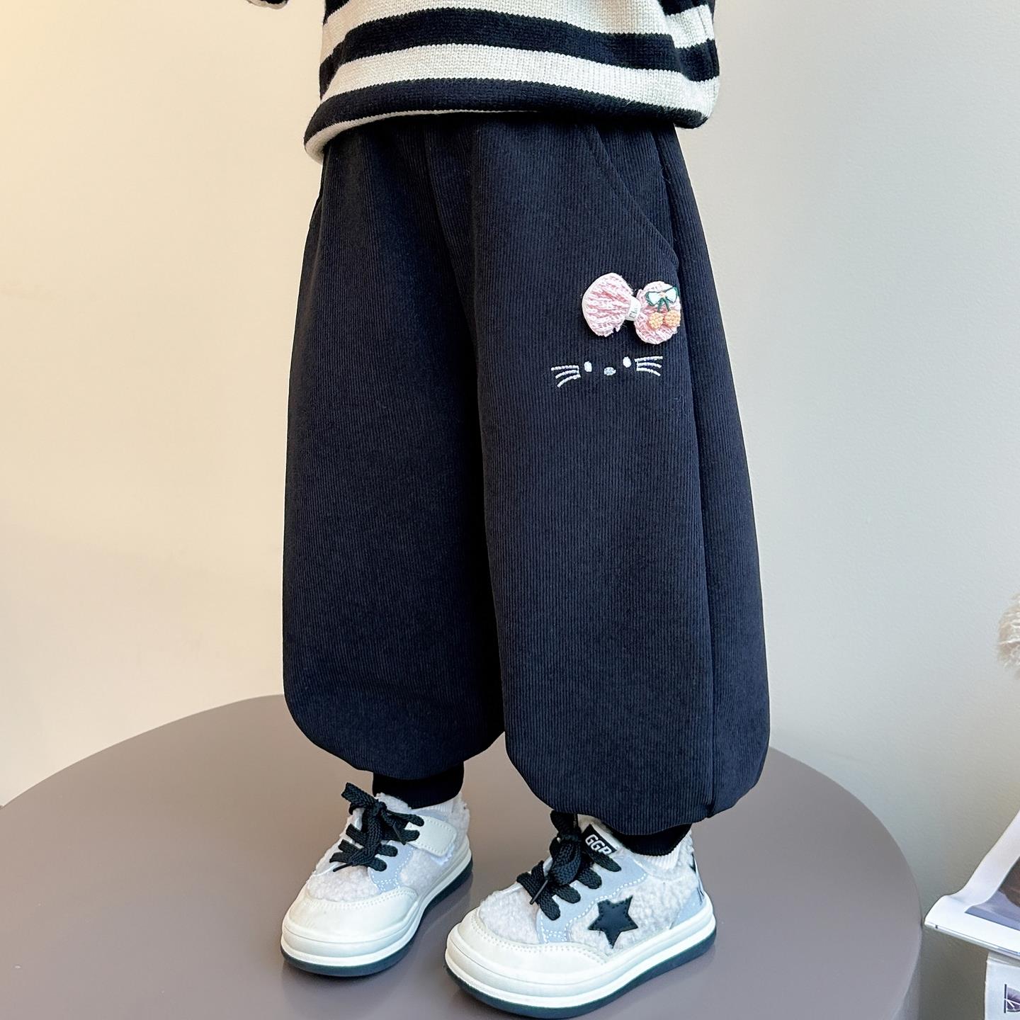 英国DHWA女童加绒裤子秋冬装儿童宝宝洋气KT猫韩版卫裤运动束脚裤