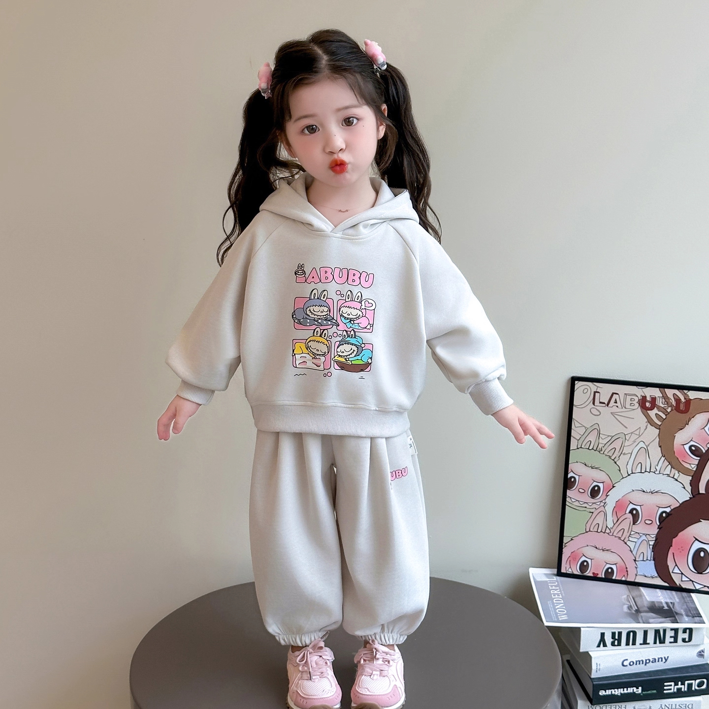 英国 DHWA联名女童套装拉布布春秋季儿童秋装洋气连帽卫衣运动裤
