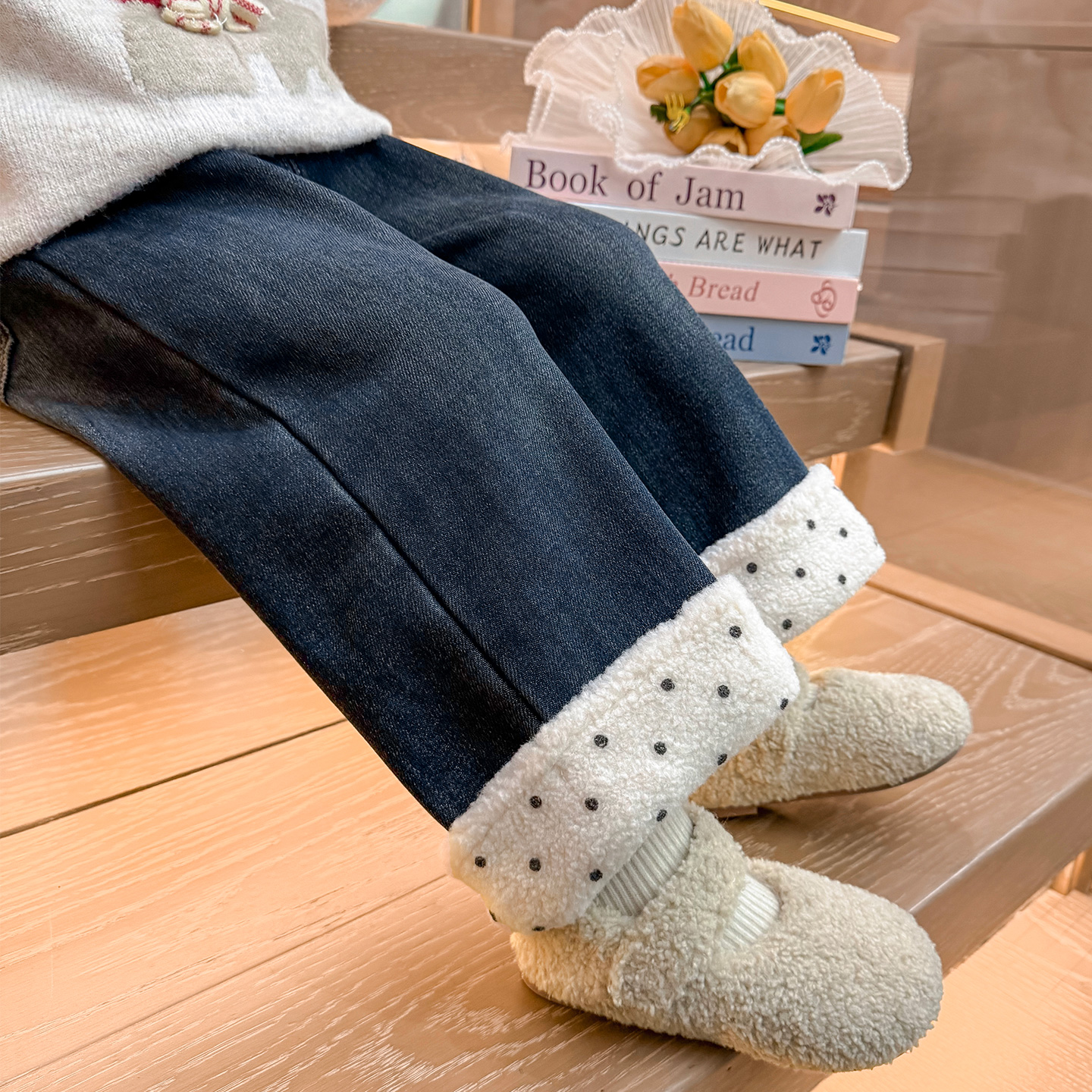 英国DHWA女童加绒裤子秋冬装儿童一体绒牛仔裤宝宝百搭加厚长裤潮