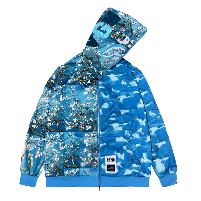 迷彩鲨鱼连帽外套街头男美式复古油画开衫拉链刺绣卫衣春秋冬长袖