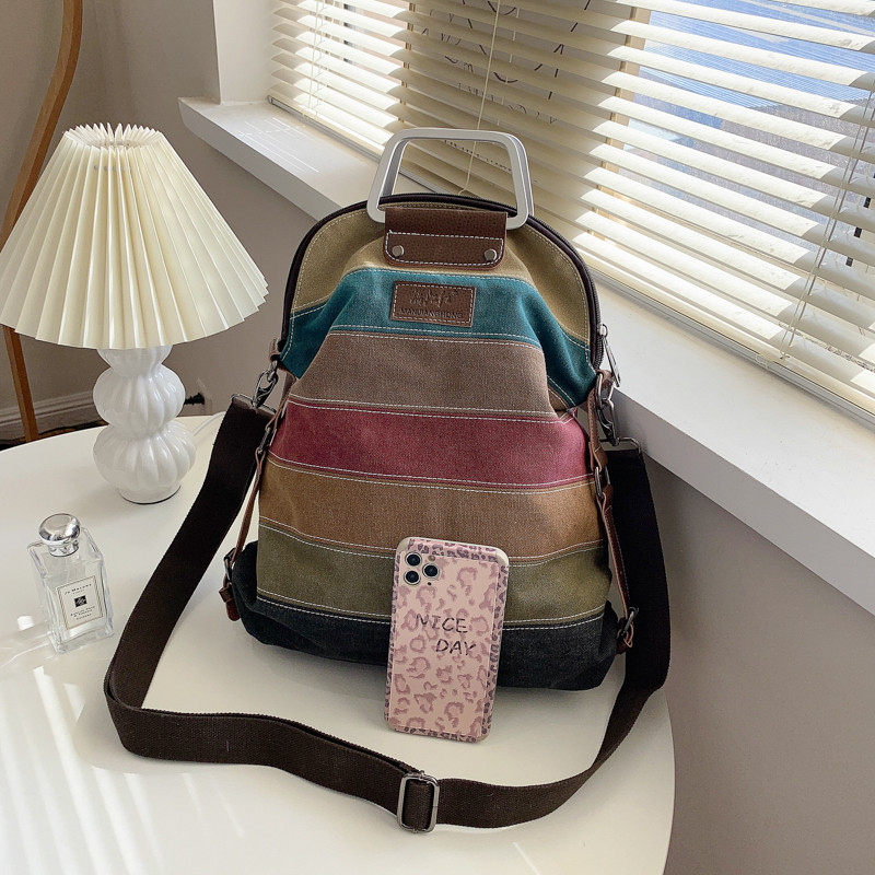 复古条纹拼接双肩包女百搭帆布斜挎包大容量时尚背包,箱包皮具/热销女包/男包,双肩背包,淘宝优惠券,粉丝福利购,淘宝优惠卷