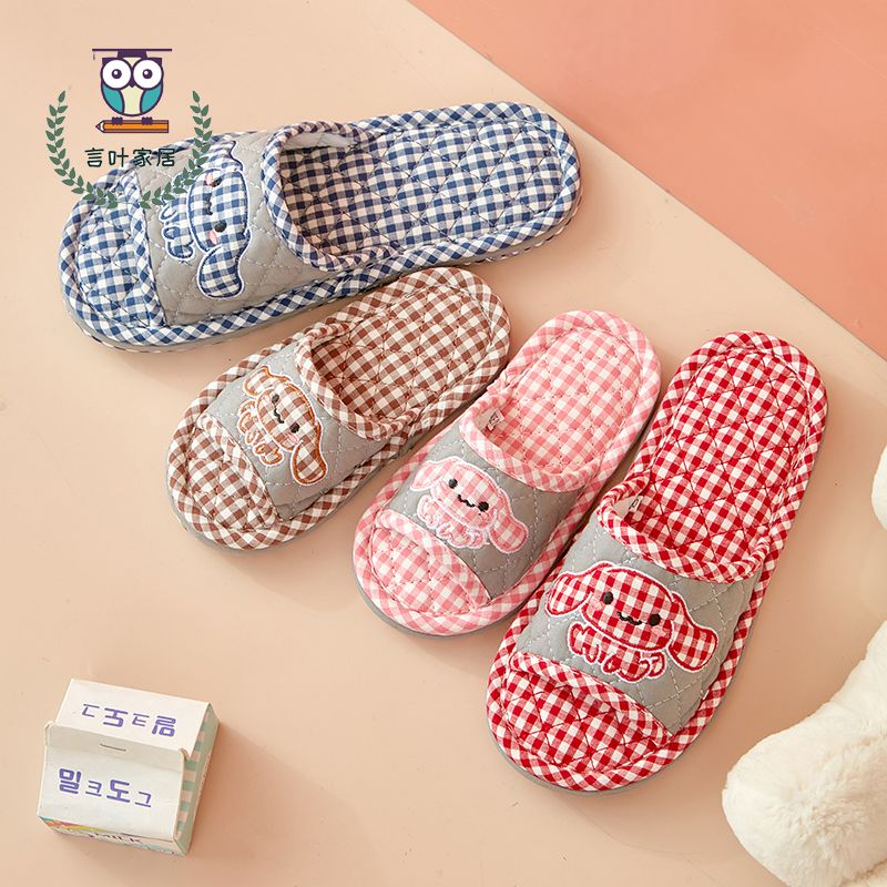 新款纯棉布艺加厚情侣卡通拖鞋