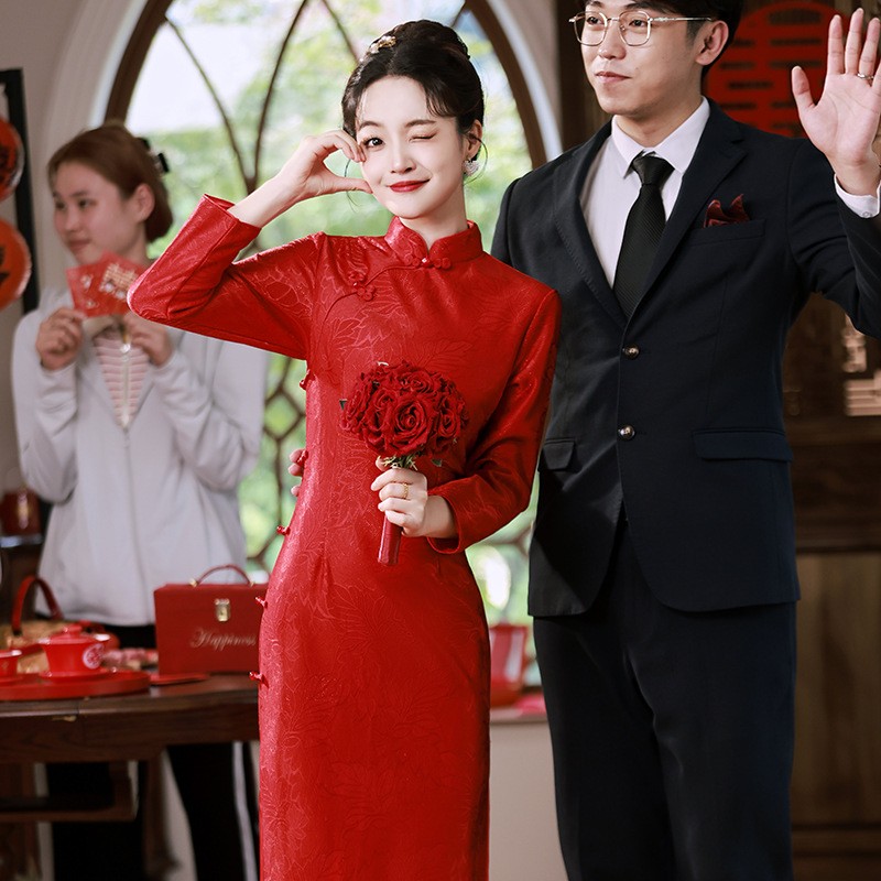 红色旗袍秋冬长袖外嫁女回娘家喜婆婆妈妈婚宴装迎宾礼仪长款礼服