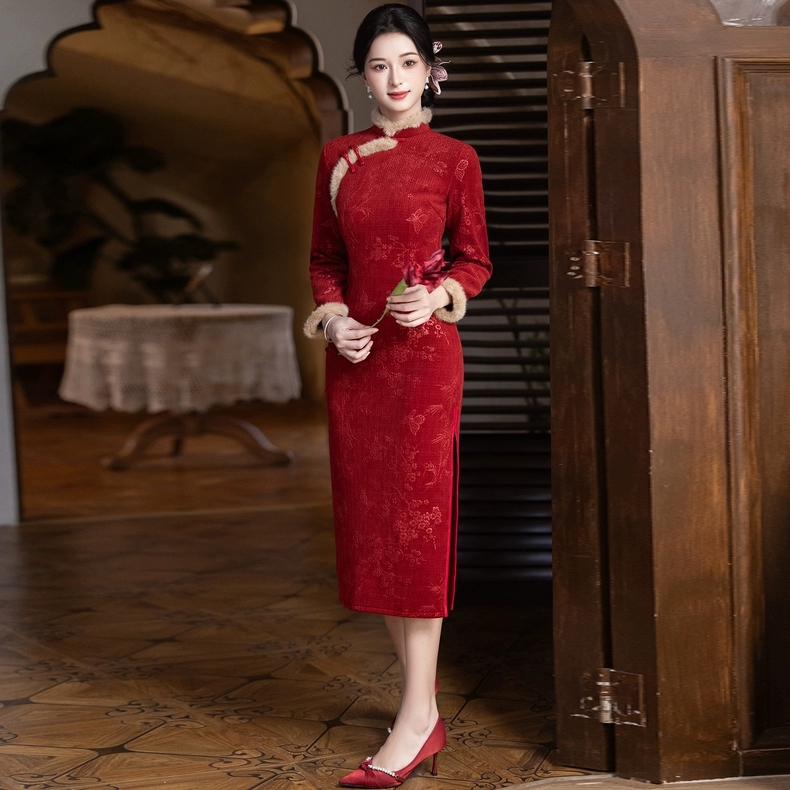 红色旗袍秋冬加绒外嫁女回娘家喜婆婆妈妈婚宴装迎宾礼仪长款礼服