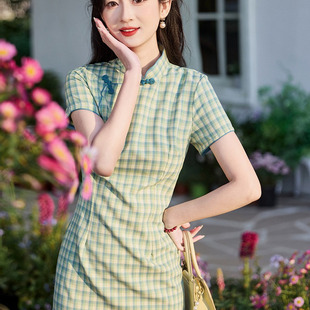 新款改良旗袍裙长款格子夏季短袖绿色六月高考送考旗开得胜日常