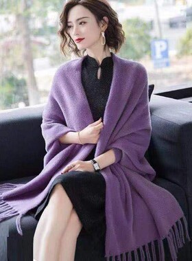 秋冬配旗袍披肩喜婆婆斗篷加厚羊绒貂绒带袖流苏婚礼妈妈外套外搭