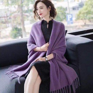 秋冬配旗袍披肩喜婆婆斗篷加厚羊绒貂绒带袖流苏婚礼妈妈外套外搭