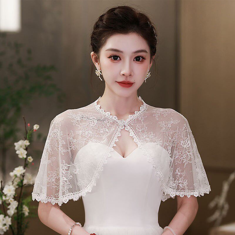 中国风云肩蕾丝小坎肩防晒纱披风斗篷女夏天薄款旗袍婚纱披肩开衫