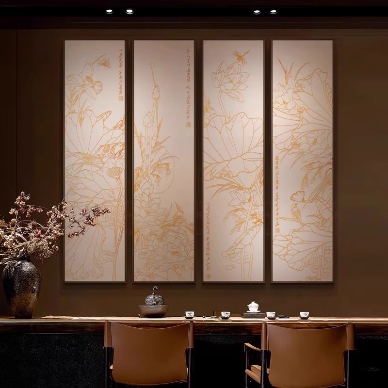 餐厅高档烫金多联装饰画客厅包厢会所玄关挂画新中式荷花立体壁画图片