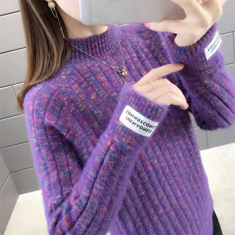 时尚女士仿水貂绒毛毛衣高领衣女秋冬针织新款加厚宽松打底上衣