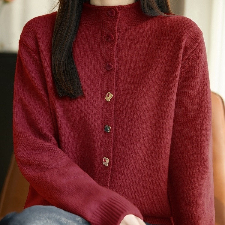 秋冬羊毛衫立领提花针织开衫宽松显瘦加厚简约大码毛衣外套女外穿