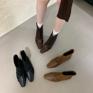 韩版方头弹力靴拼接真皮短靴女冬季内增高瘦瘦靴气质后拉链及踝靴