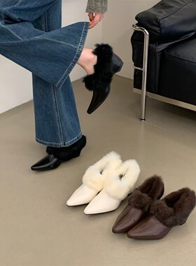 韩版尖头毛鞋女冬季保暖加